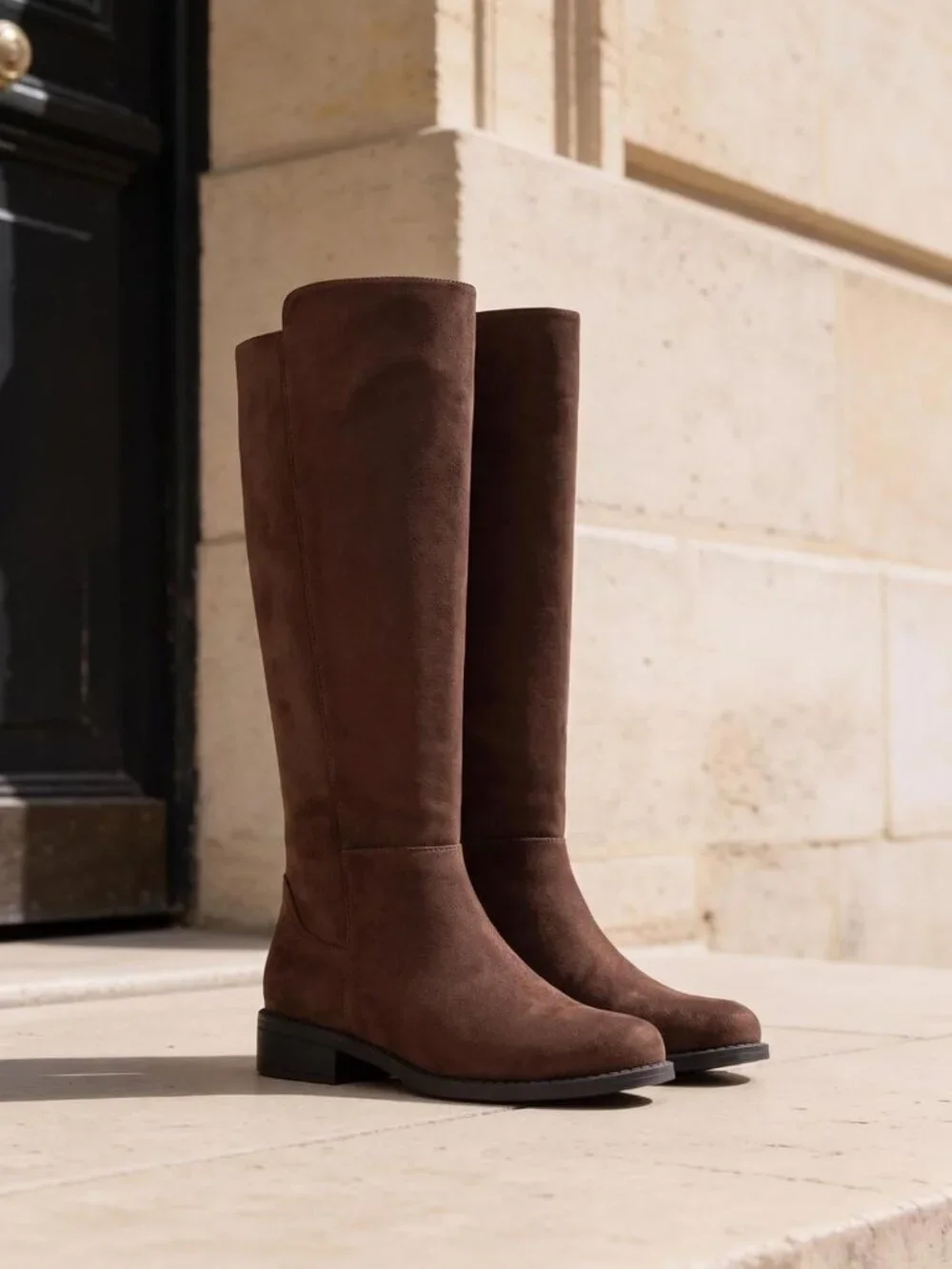 Women Chocolate Suede Chunky Block Low Heel Round Toe Side Zipper Knee High Boot